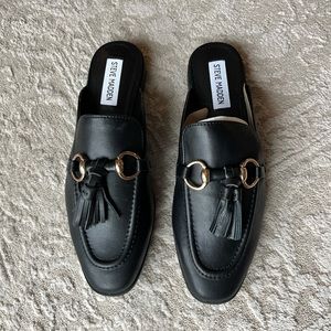Black Leather Mules with tassels